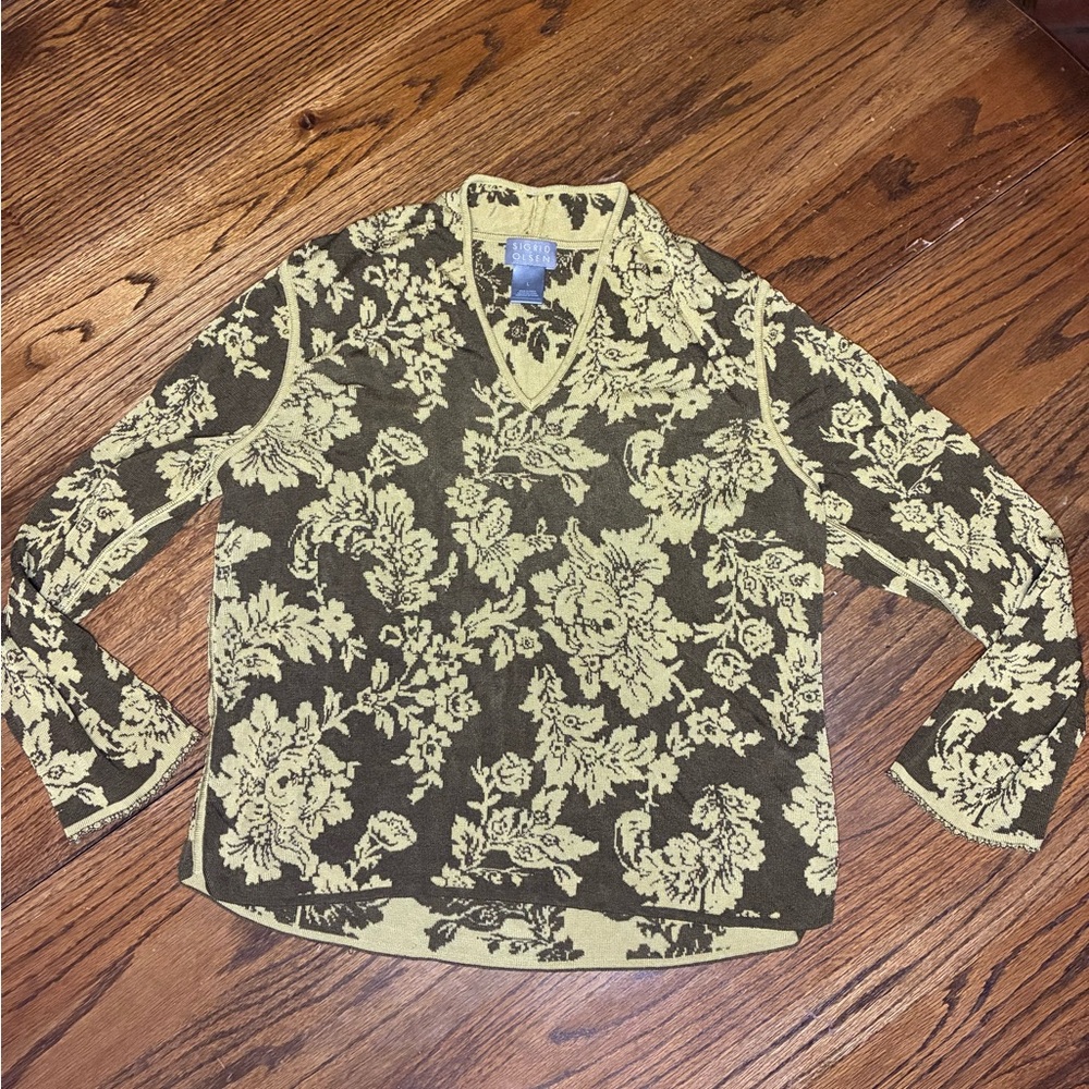 Sigrid Olsen Silk Blend‎ Floral V-Neck Sweater Olive Green Chartreuse Size L